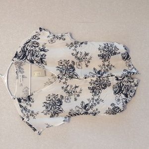 White Floral Short Sleeve Button Front Top